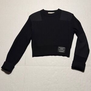 PROENZA SCHOULER Military Style Black Ribbed Cropped Sweater Shoulder Patches M